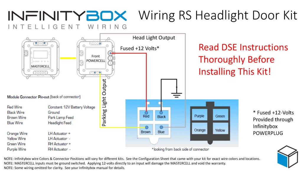 Picture of wiring diagram showing how to wire the Detroit Speed RS Headlight Cover Motors with the Infinitybox System.