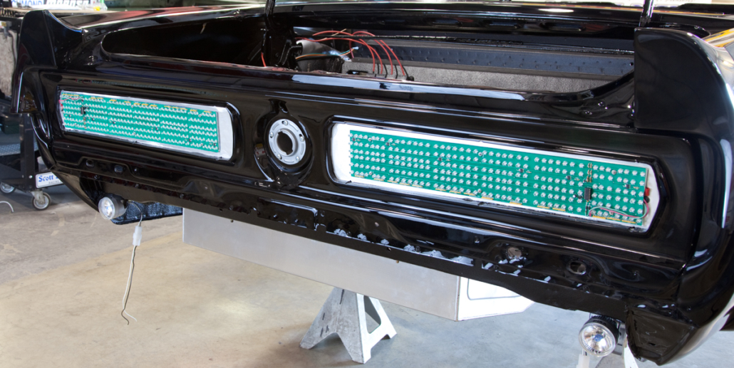 Rear LED tail lights on a 1967 Mustang Restomod wired with the Infinitybox system