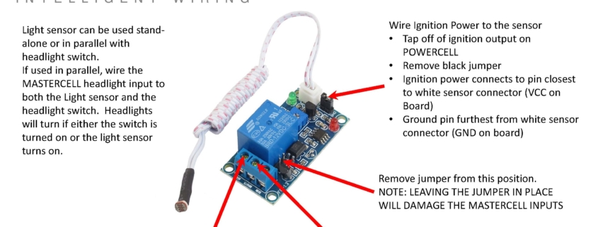 Image of a wiring diagram showing how to wire a simple photosensor relay to a MASTERCELL input