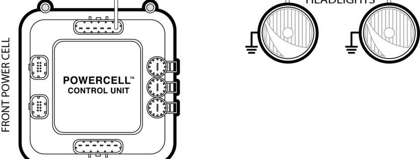 Picture of a simple schematic showing how to wire your headlights to the Infinitybox POWERCELL